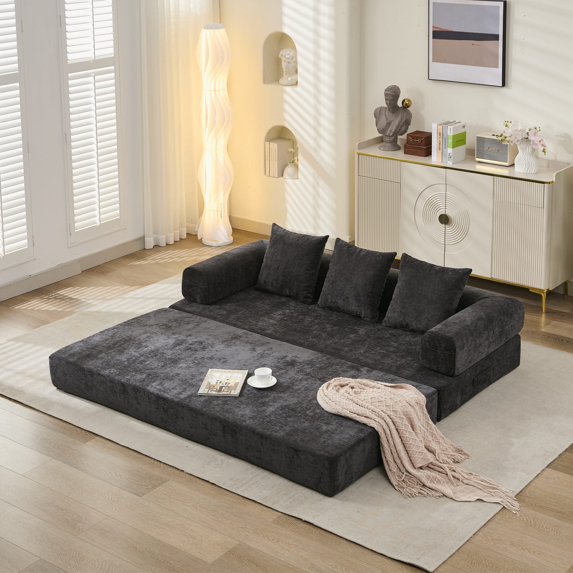 Convertible Floor Sofa Bed Black Chenille